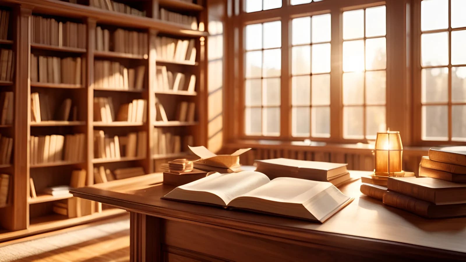 کتابی باز روی میز چوبی در کتابخانه‌ای گرم با نور آفتاب از پنجره‌ها؛ نمادی از بازیابی دانش از اسناد در RAG